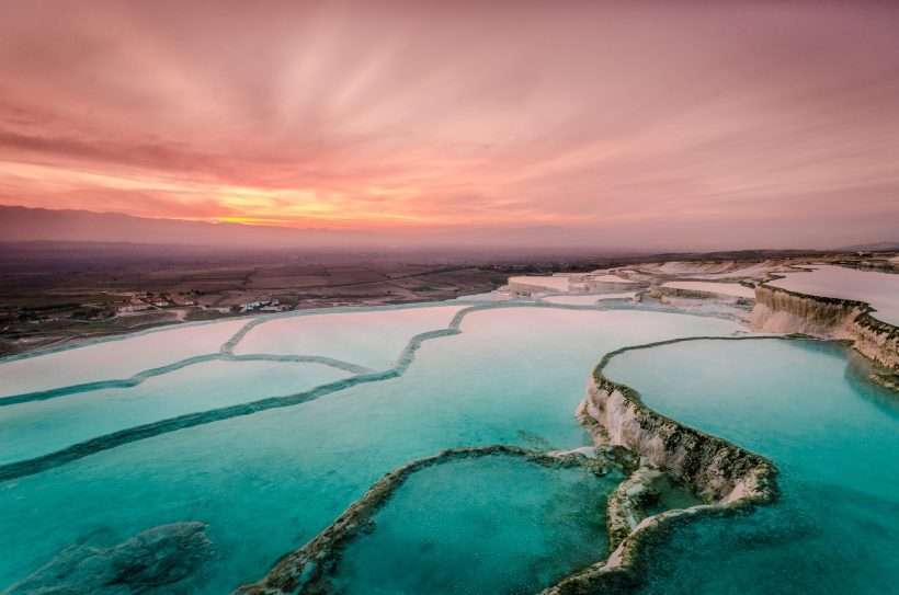 White travertine terraces of Pamukkale in Turkey